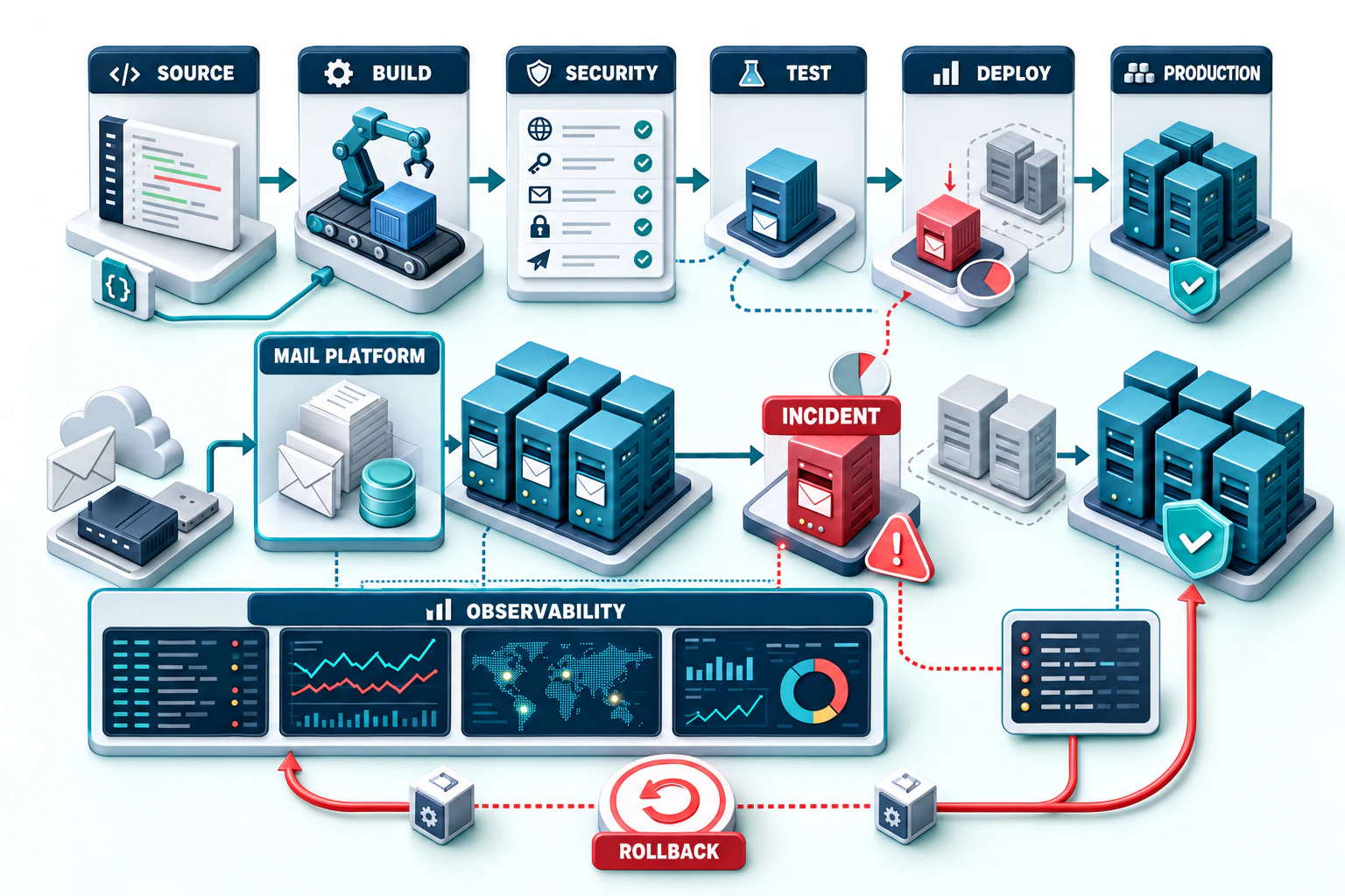 Labeled DevOps workflow from source and build through security, testing, deployment, production, observability, incident response, and rollback
